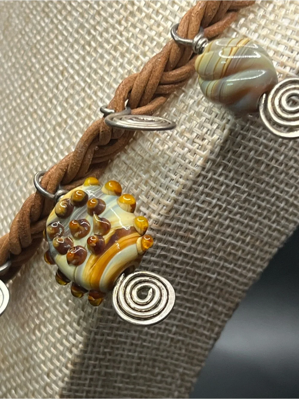 Artisan Sterling Silver Wire Art Glass Braided Leather Statement Necklace Boho